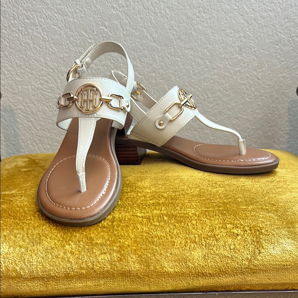 Tommy Hilfiger Cream Gold Sandals with T-Strap Design
